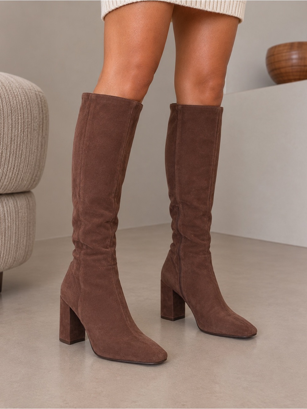 Vintage Brown Suede Over-the-Knee Block Heel Boots